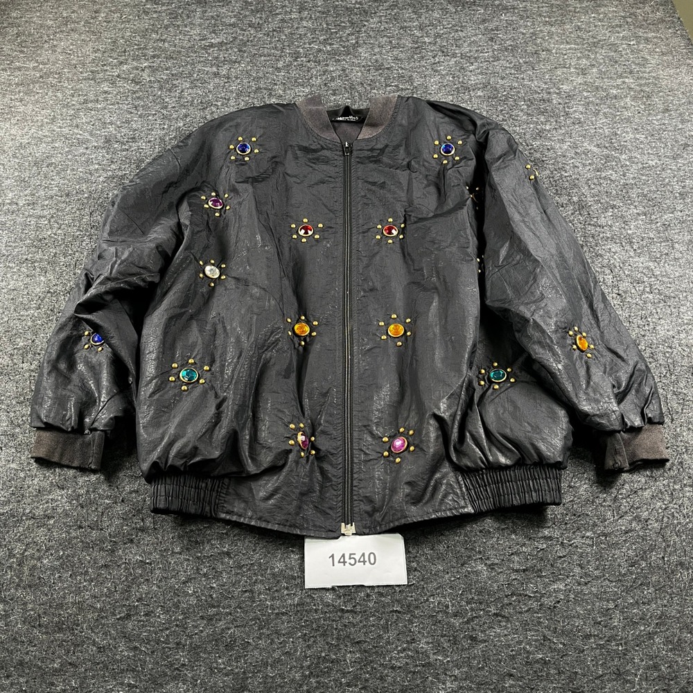 Gepello Bomber Jacket Womens XL Black Studed Gemstone Long Sleeve Full Zip